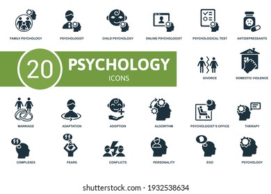 Psychology icon set. Contains editable icons psychology theme such as psychologist, online psychologist, antidepressants and more.