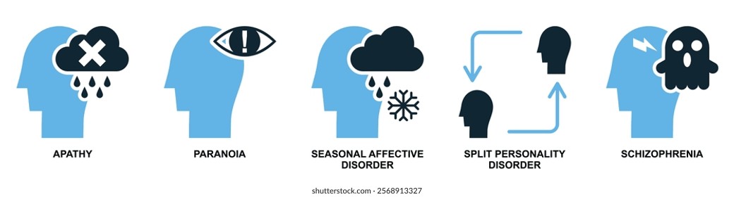 Psychology Icon Set: Mental Health Issues Including Apathy, Paranoia, Seasonal Affective Disorder, Split Personality Disorder, and Schizophrenia