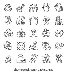 Psychology, icon set. Mind and behavior, linear icons. Group psychotherapy. Conscious and unconscious phenomena. Line with editable stroke