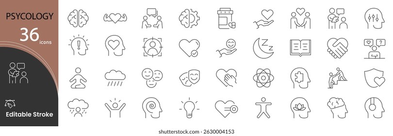 Psychology icon set. Mind and behavior related line icons. brain, therapy, emotions, cognition, mental health, stress, motivation, counseling, thoughts, wellbeing and more. Editable stroke. 
