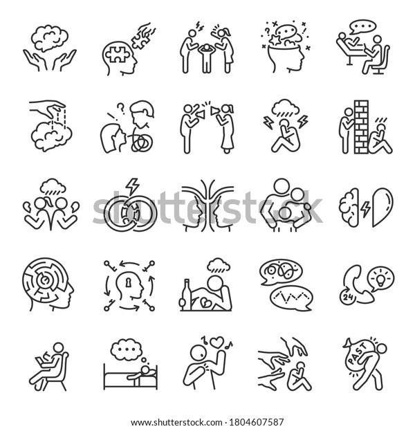Psychology, icon set. Mind and behavior, linear\
icons. Group psychotherapy. Conscious and unconscious phenomena.\
Line with editable\
stroke