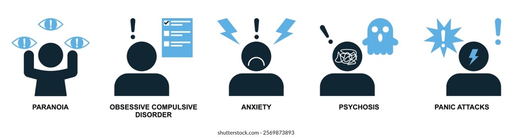 psychology Icon Set Paranoia, OCD, Anxiety, Psychosis, and Panic Attacks. Mental Health Awareness Vector Illustration Minimalist Design Representing Psychological Disorders and Emotional States.