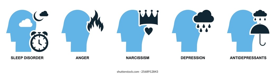 Psychology Icon Set: Sleep Disorder, Anger, Narcissism, Depression, and Antidepressants – Mental Health Concept Vector Illustration