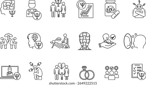 Psychology Icon Set. Vector Illustrations Family Psychology, Psychologist, Divorce, Child Psychology, Marriage, Antidepressants, Adoption, Complexes, Fears, Conflicts, Ego, and Others