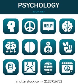 psychology icon set. Vector thin line illustrations related with Head, Peace and Help
