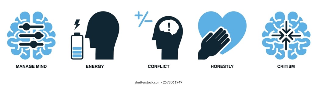 Psychology Icon Vector, mental management, energy levels, conflict, honesty and criticism. Perfect for mental health, therapy, education and counseling