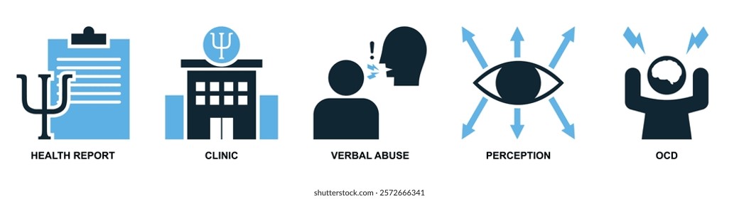 Psychology Icon Vector Set, Featuring Mental Health Report, Clinic Symbol, Verbal Abuse Representation, Perception Concept, and OCD Illustration. Perfect for Mental Health Awareness Designs.