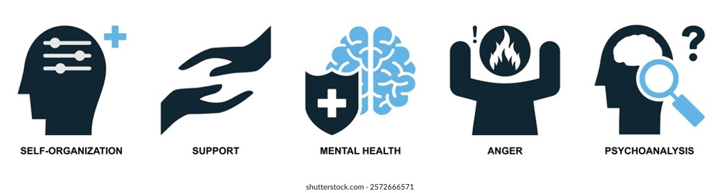 Psychology Icon Vector Set, Professional Mental Health Symbols Including Self-Organization, Support, Mental Health Shield, Anger Management, and Psychoanalysis. Clean and Modern Design