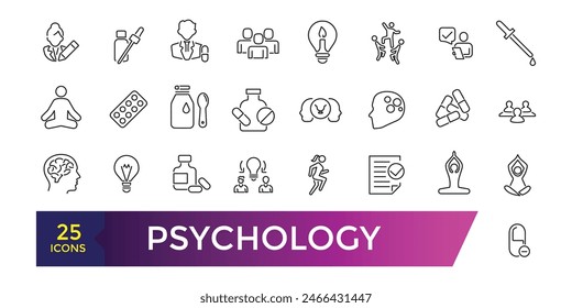 Psychology icons collection. Set of mental, session, help, psychoanalysis, emotions icons. UI icon set. Thin outline icons pack.