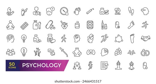 Psychology icons collection. Set of mental, session, help, psychoanalysis, emotions icons. UI icon set. Thin outline icons pack.