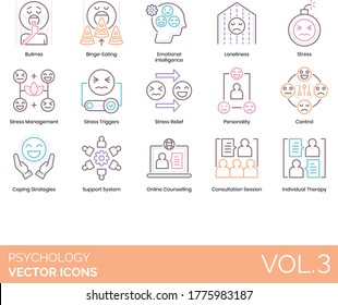 Psychology icons including bulimia, binge eating, emotional intelligence, loneliness, stress management, trigger, relief, personality, control, coping strategy, support system, online counseling.