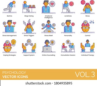 Psychology icons including bulimia, binge eating, loneliness, stress management, trigger, personality, control, coping strategy, support system, online counseling, consultation, individual therapy.