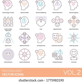 Psychology icons including color, mental health, wellbeing, hygiene, public measure, anxiety, fear, apprehension, mood, depression, bipolar, schizophrenia, psychotic, hearing voices, hallucination.