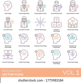 Psychology Icons Including Psychologist, Social Worker, Counselor, Popular, Children, Family, Behavioral, Clinical, Cognitive, Development, Evolutionary, Forensic, Health, Neuropsychology, Occupation.