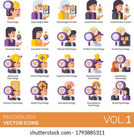 Psychology Icons Including Psychologist, Social Worker, Counselor, Popular, Children, Family, Behavioral, Clinical, Cognitive, Development, Evolutionary, Forensic, Neuropsychology, Occupational.