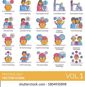 Psychology Icons Including Psychologist, Social Worker, Counselor, Popular, Family, Behavioral, Clinical, Cognitive, Development, Evolutionary, Forensic, Health, Neuropsychology, Occupational.