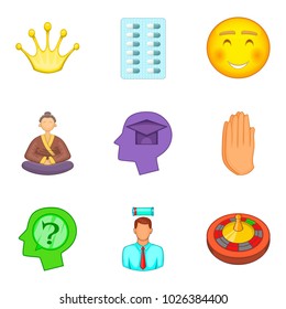 Psychology icons set. Cartoon set of 9 psychology vector icons for web isolated on white background