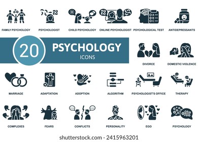 Psychology icons set. Creative icons: family psychology, psychologist, child psychology, online psychology, psychological test and more