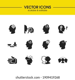 Psychology icons set with curious mind, mental health and dreaming elements. Set of psychology icons and scale concept. Editable vector elements for logo app UI design.