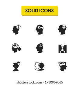 Psychology icons set with faster thinking, autism and unsatisfied person elements. Set of psychology icons and lotus concept. Editable vector elements for logo app UI design.