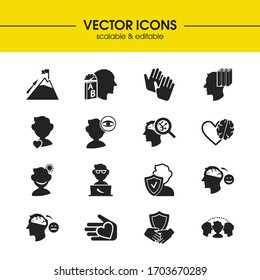 Psychology icons set with integrity, mission and social responsibility elements. Set of psychology icons and love concept. Editable vector elements for logo app UI design.