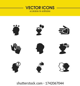 Psychology icons set with loyalty, human profile and curious mind elements. Set of psychology icons and head concept. Editable vector elements for logo app UI design.