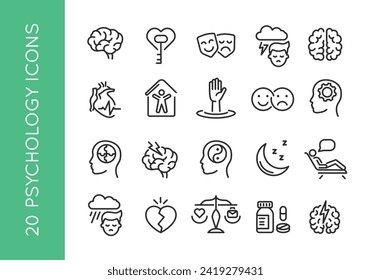 Psychology icons set. Mental health simple line icons for health-tech app or website, promotional and social media materials. Vector illustration