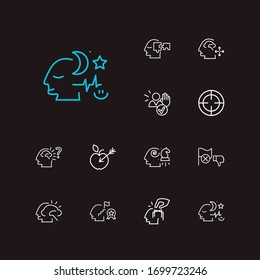 Psychology icons set. Responsibility and psychology icons with failure, strategy thinking and curious mind. Set of life for web app logo UI design.