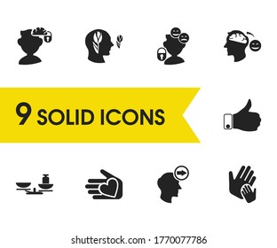 Psychology icons set with unlocking mind, forward thinking and think positive elements. Set of psychology icons and looking forward concept. Editable vector elements for logo app UI design.