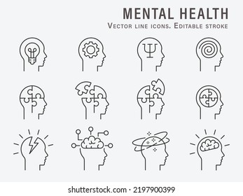 Psychology icons, such as brain, mind, anxiety, depression and more. Editable Stroke. Vector illustration.