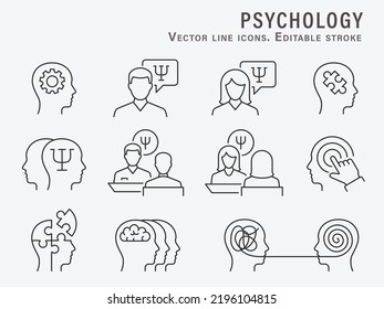 Psychology icons, such as brain, therapy, psychologist, depression and more. Editable Stroke. Vector illustration.