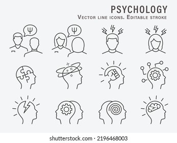 Psychology icons, such as doctor, mind, psychologist, depression and more. Editable Stroke. Vector illustration.