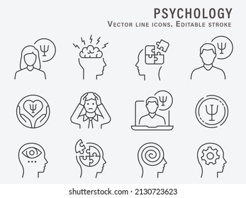 Psychology icons, such as emotion, doctor, depression, mind and more. Editable Stroke. Vector illustration.