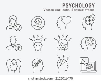 Psychology Icons, Such As Mental, Brain, Emotion, Doctor And More. Editable Stroke. Vector Illustration.