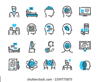 Psychology items color linear icons set. Psychotherapy concept. Medical equipment symbols pack. Hypnosis, medicine, treatment. Mental health design elements. Isolated vector illustrations