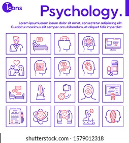 Psychology items color linear icons set. Psychotherapy concept. Medical equipment symbols pack. Hypnosis, medicine, treatment. Mental health design elements. Isolated vector illustrations