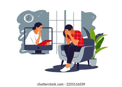 Psychology job online. Counseling depressions and anxiety. Two women are sitting and talking online. Mental health concept. Vector illustration.