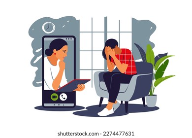 Psychology job online. Counseling depressions and anxiety. Two women are sitting and talking online. Mental health concept. Vector illustration.