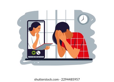 Psychology job online. Counseling depressions and anxiety. Two women are sitting and talking online. Mental health concept. Vector illustration.