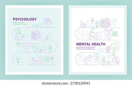 Psychology Line Concept Poster. Vektorgrafik des linearen Banner-Sets. Icons für psychische Gesundheit. Klinik und Therapie Outline Design. 