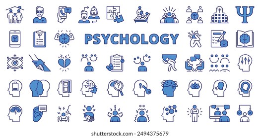 Psychology, in line design, blue. Mental health, brain, mind, therapy, counseling, behavior on white background vector. Psychology editable stroke icons.