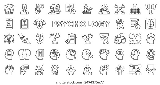 Psicología, diseño en línea. Salud mental, cerebro, mente, terapia, asesoramiento, conducta sobre fondo blanco Vector. Iconos editables de la psicología.