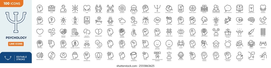 Psychology line editable icon set. Collection of mind, Mental, session, psychoanalysis, anxiety, emotions icons. and more.