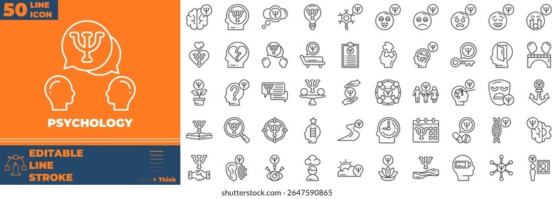 Linha de Psicologia Conjunto de ícones editáveis. Ilustração vetorial no estilo moderno de linha fina de ícones da psicologia: mental, saúde, emoção, etc