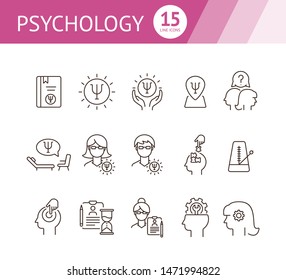 Psychology line icon set. Man, woman, head, gear. Mental science concept. Can be used for topics like psychoanalysis, mental therapy, brain work