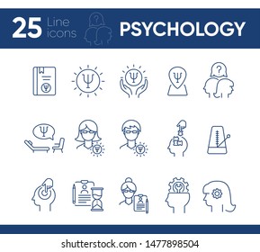 Psychology line icon set. Man, woman, head, gear. Mental science concept. Can be used for topics like psychoanalysis, mental therapy, brain work