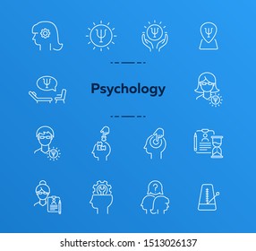 Psychology line icon set. Man, woman, head, gear. Mental science concept. Can be used for topics like psychoanalysis, mental therapy, brain work