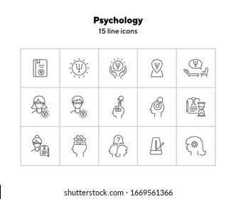Psychology line icon set. Man, woman, head, gear. Mental science concept. Can be used for topics like psychoanalysis, mental therapy, brain work