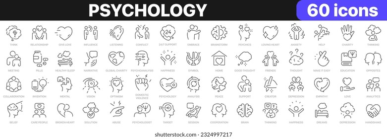 Psychology line icons collection. Mental, session, help, psychoanalysis, emotions icons. UI icon set. Thin outline icons pack. Vector illustration EPS10