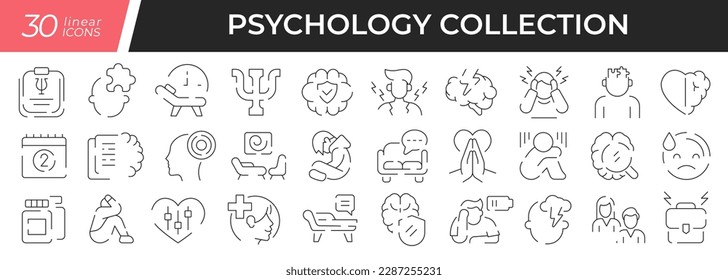 Psychology linear icons set. Collection of 30 icons in black